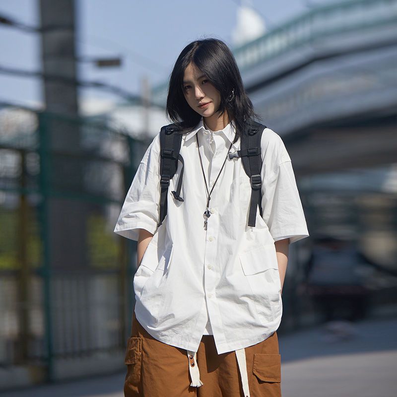 Summer Clothing Essentials Women - สีขาวเสื้อเชิ้ตแบบมีกระดุมสำหรับผู้ชายและผู้หญิงเสื้อผ้าแนวสตรีทเสื้อ Y2k วินเทจแนวสตรีทแฟชั่นญี่ปุ่นฤดูร้อนแขนสั้น