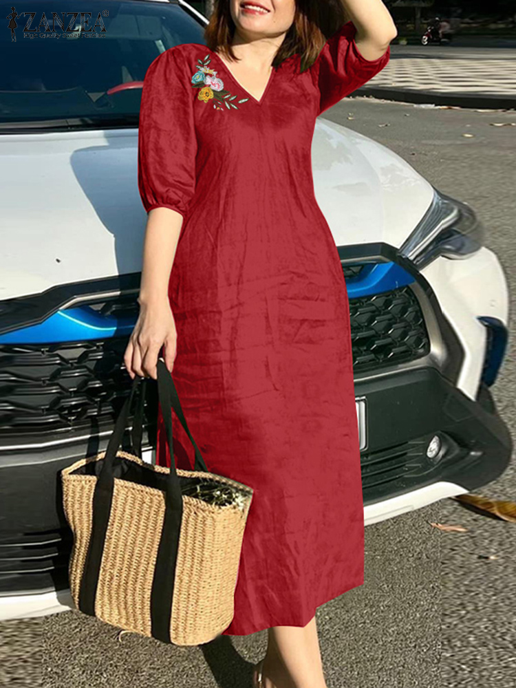 Sundress Midi Floral - 2024 ZANZEA ฤดูร้อนแฟชั่นผู้หญิง V คอครึ่งแขน Holiday