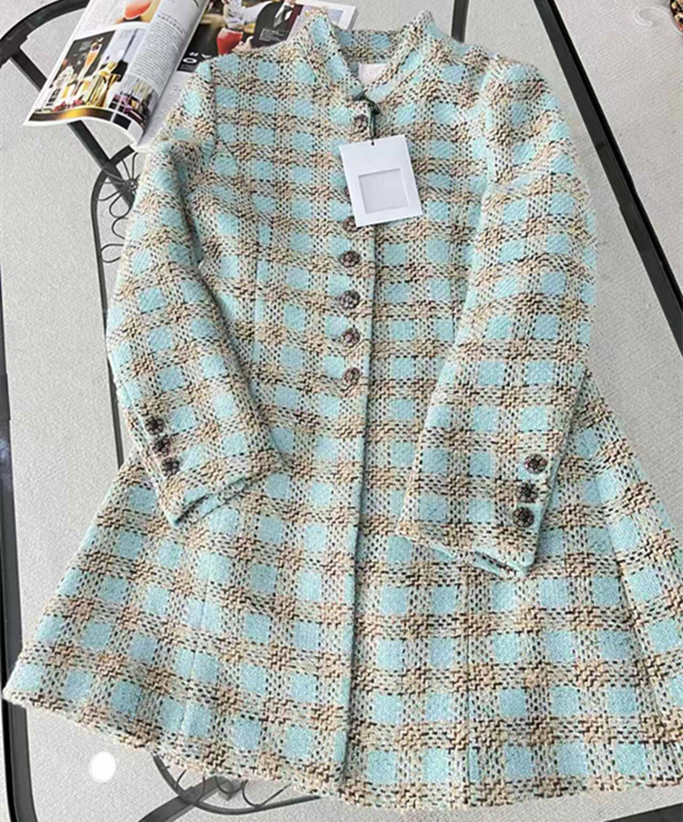 Summer Clothing Styles For Women - เสื้อโค้ททวีดลายตารางสีฟ้าอ่อน แขนยาว คอตั้ง ติดกระดุมเม็ดเดียว สไตล์ยุโรปสำหรับผู้หญิง คอลเลคชั่นฤดูร้อนใหม่