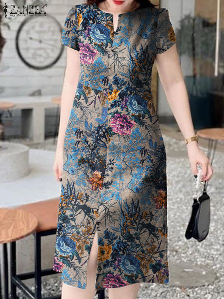 Sundress Midi Floral - Zanzea ชุดเดรสยาวคลุมเข่าคอวีของผู้หญิงชุดเดรสยาวผ้าฝ้ายพิมพ์ลายดอกไม้สำหรับวันหยุด2023ย้อนยุคแนวแฟชั่นฤดูร้อน