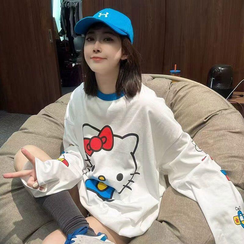 Summer Clothing Styles For Women - เสื้อยืดแขนยาวลายการ์ตูนเฮลโล คิตตี้ฤดูร้อนสไตล์ใหม่น่ารักสำหรับผู้หญิงเสื้อผ้าป้องกันแสงแดดแบบหลวมยอดนิยมเสื้อบางๆ