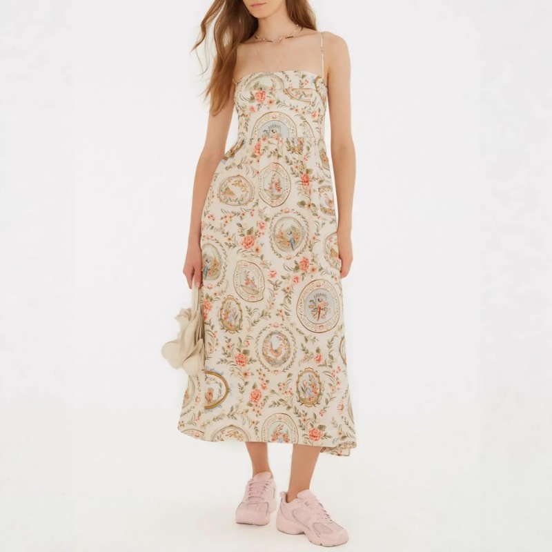 Sundress Midi Floral - ชุดเดรสยาวปานกลางลายดอกไม้สไตล์วินเทจสำหรับผู้หญิง ชุดเดรสลำลองสำหรับวันหยุดแบบไม่มีแขนสำหรับสวมใส่ในชีวิตประจำวัน