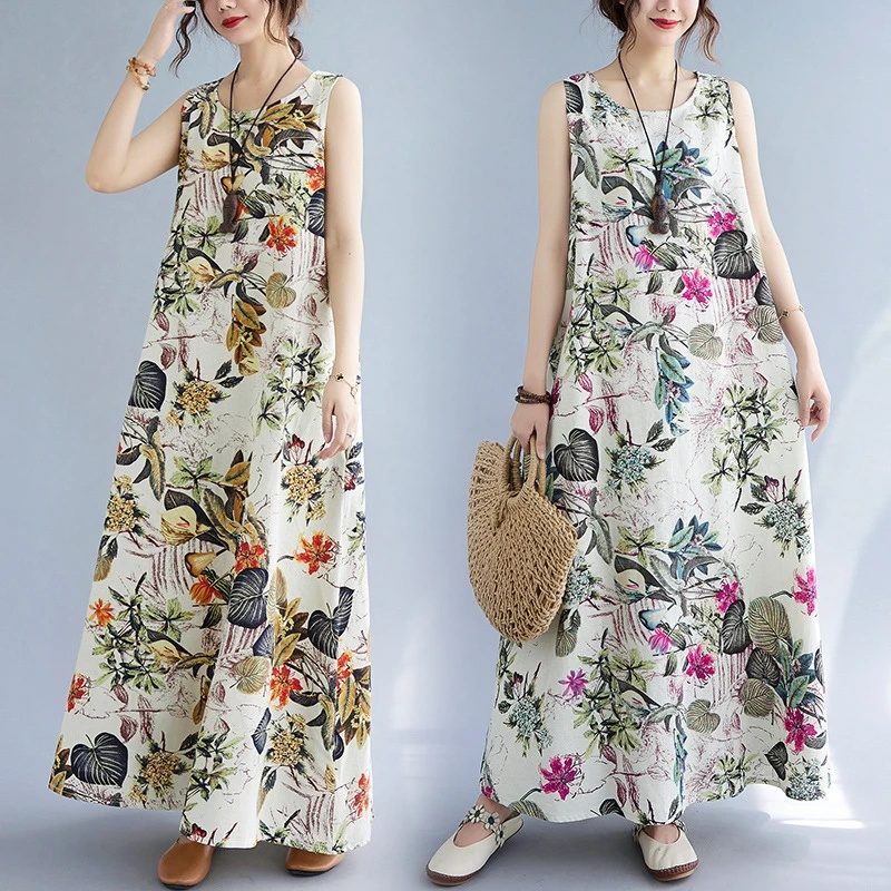 Sundress Midi Floral - ชุดเดรสผ้าฝ้ายลินินลายดอกไม้ฤดูร้อนสำหรับผู้หญิง แขนกุด ทรงหลวม ไซส์ใหญ่ สไตล์วินเทจ คอกลม