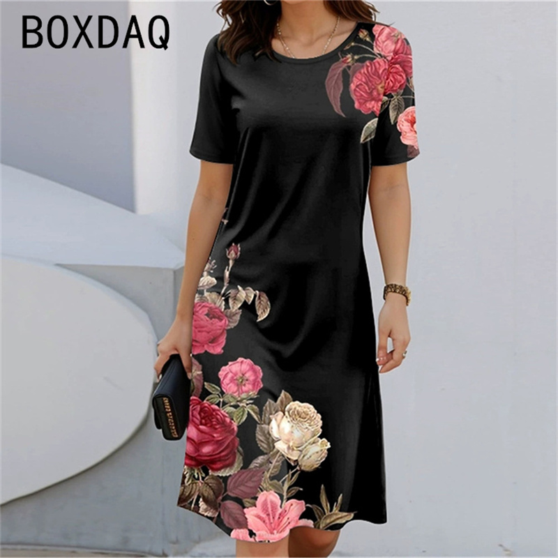 Sundress Midi Floral - สไตล์โบฮีเมียนแขนสั้นคอกลมลายดอกไม้เอ-ไลน์ชุดเดรสลำลองของผู้หญิงชุดเดรสยาวปานกลางฤดูใบไม้ผลิฤดูร้อนแฟชั่นชุดเดรสฤดูร้อนเวสติโดส