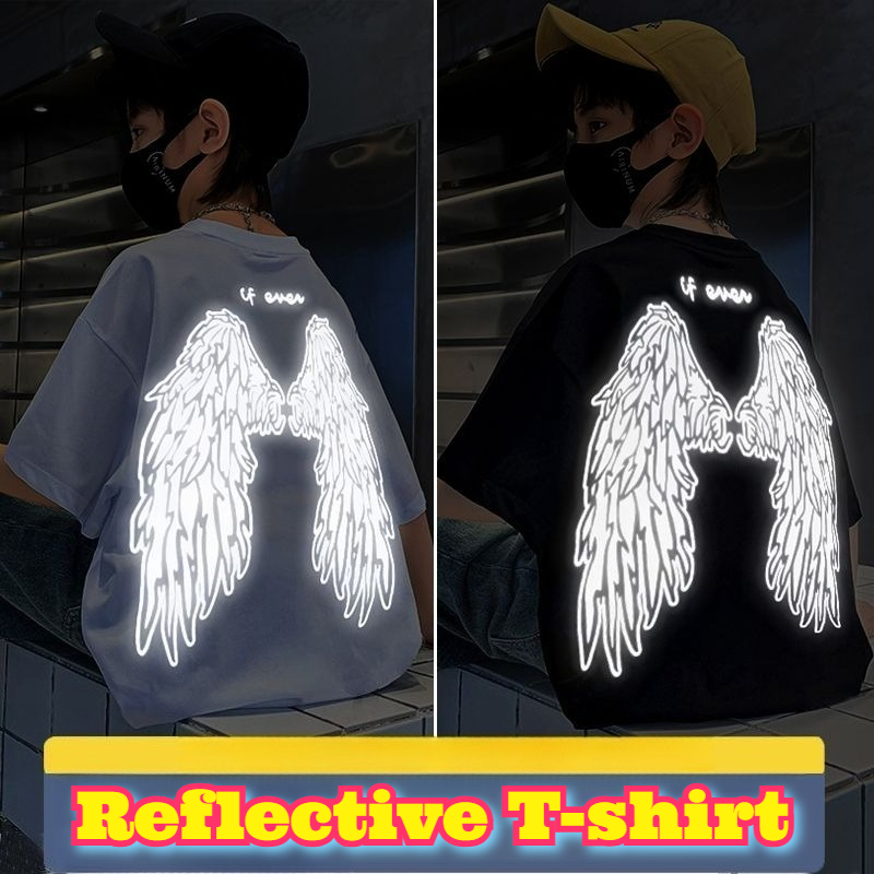 Summer Clothing Boys - เสื้อยืดแขนสั้นผ้าฝ้ายลายปีกสะท้อนแสงสำหรับวัยรุ่น ทรงหลวม สไตล์ลำลอง เหมาะสำหรับฤดูร้อน เสื้อผ้าแฟชั่นสตรีทแวร์สำหรับวัยรุ่นชายหญิง