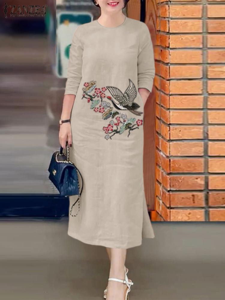 Sundress Midi Floral - ZANZEA ผู้หญิงเย็บปักถักร้อยวินเทจ Sundress O-คอด้านข้าง Slit วันหยุด