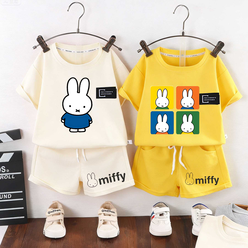 Summer Clothing Boys - เสื้อยืดแขนสั้นลายกระต่ายมิฟฟี่สำหรับเด็ก กางเกงลำลอง ชุดเสื้อยืดผ้าฝ้ายน่ารัก กางเกงขาสั้น ชุดตลกๆ ลายมีม