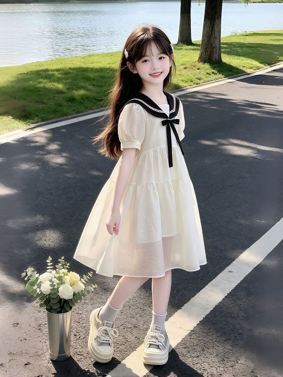 Summer Clothing Old Navy - ชุดเดรสฤดูร้อนสำหรับเด็กผู้หญิง คอปกสีกรมท่า สไตล์นักเรียน เสื้อผ้าเด็ก ผ้าฝ้ายนุ่มสบาย แขนสั้น