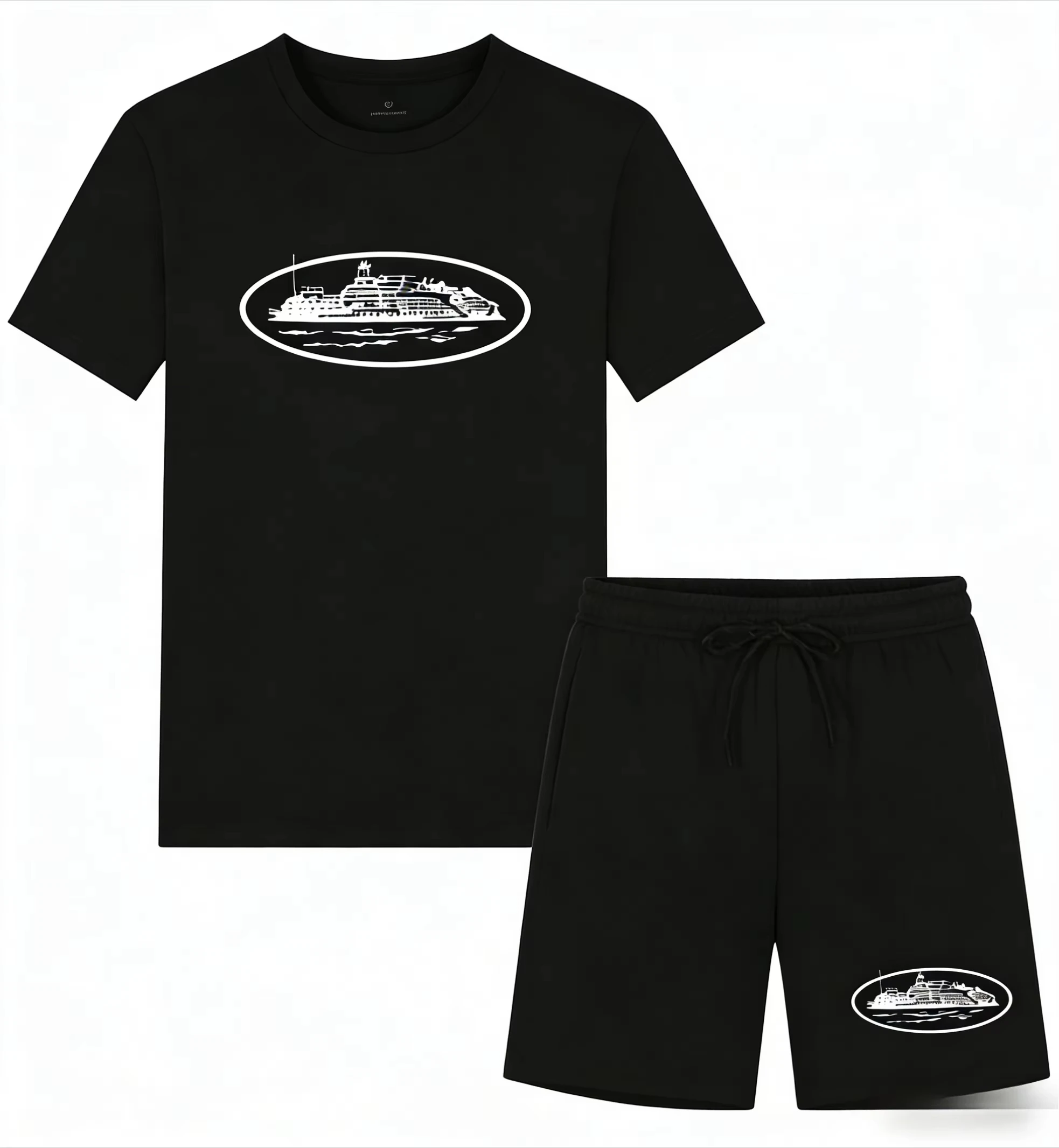 Summer Clothing For Young Men - เสื้อยืดและกางเกงขาสั้นพิมพ์ลายเรือเล็กๆ รุ่นใหม่ประจำฤดูร้อนปี 2026 ทรงหลวม คอกลม ระบายอากาศได้ดี