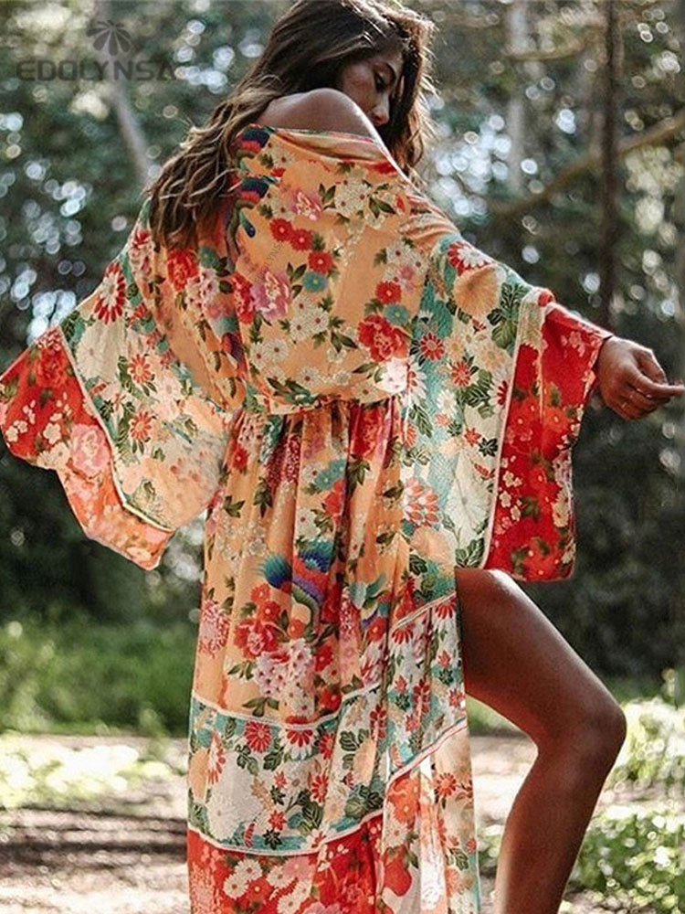 Sarong Pareo Wrap - ชุดเดรสชายหาดสำหรับผู้หญิงลายดอกไม้สไตล์โบฮีเมียน ปี 2025 แบบเปิดด้านหน้า ผ้าชีฟอง ทูนิคเซ็กซี่