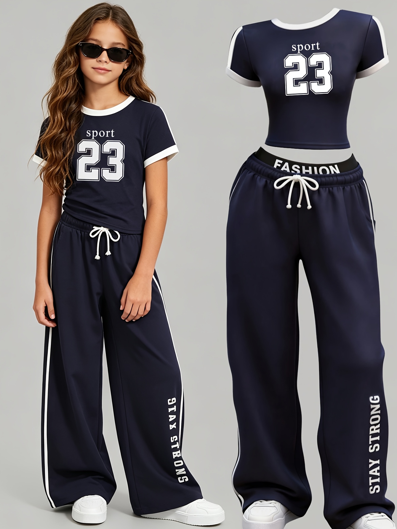 Summer Clothing Old Navy - ชุดลำลองสำหรับเด็กผู้หญิงในฤดูร้อนและฤดูใบไม้ร่วง: เสื้อยืดแขนสั้นสีน้ำเงินกรมท่าตัดกันและกางเกงขายาวทรงหลวม ชุดสองชิ้น เหมาะสำหรับเด็กอายุ 3 ปีขึ้นไป
