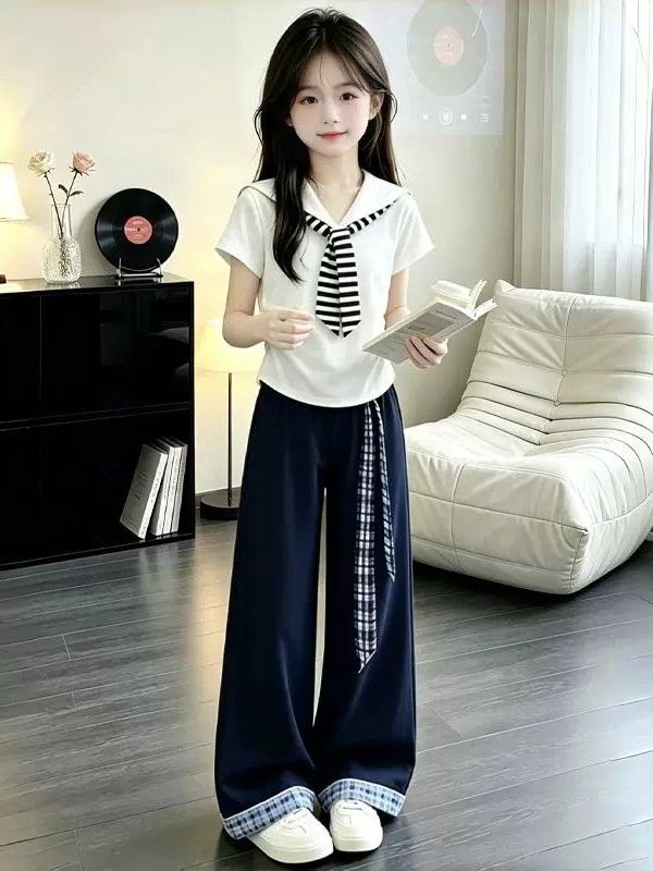 Summer Clothing Old Navy - ชุดเสื้อแขนสั้นแฟชั่นฤดูร้อนสำหรับเด็กผู้หญิงและกางเกงขายาวทรงกว้าง ชุดสองชิ้นระบายอากาศได้ดี เสื้อผ้าเด็กสไตล์น้ำเงิน