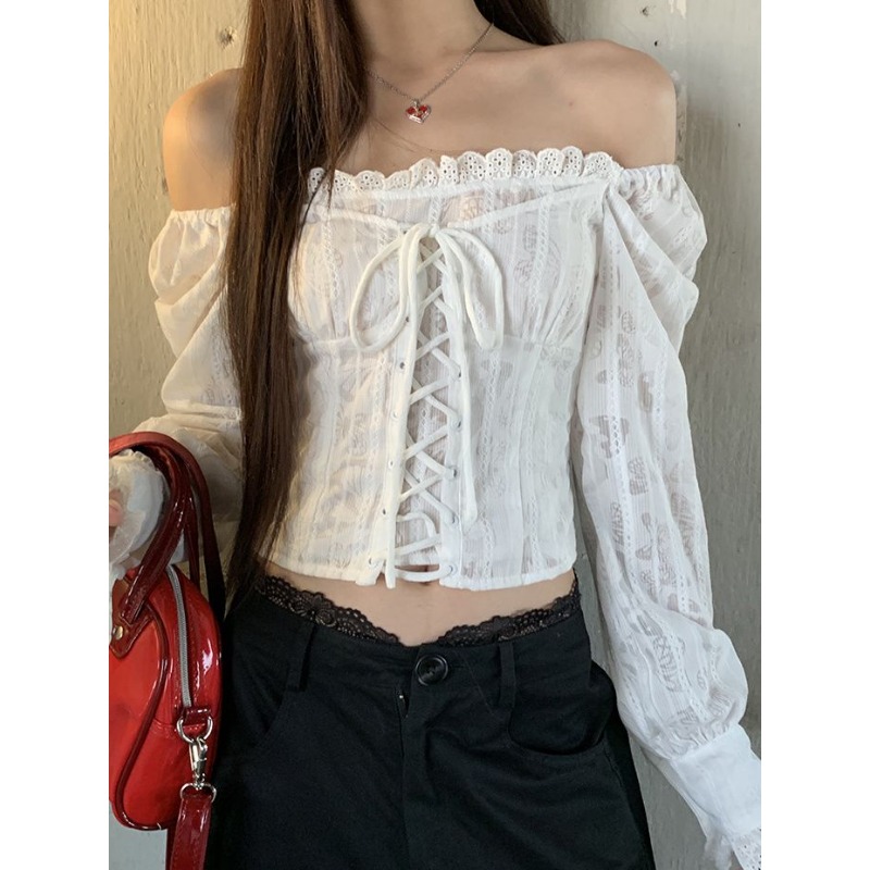 Summer Clothing Aesthetic - Deeptown สีขาว Lace Up Cropped เสื้อผู้หญิงลูกไม้