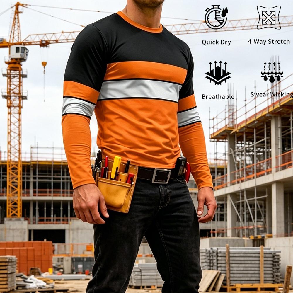 Summer Clothing For Young Men - เสื้อยืดแขนยาวลายทางสีสันสดใสคุณภาพสูงสำหรับฤดูใบไม้ร่วง เสื้อทำงานผู้ชาย ระบายอากาศได้ดี คอทรงโอ ใส่สบาย เหมาะสำหรับงานด้านความปลอดภัย