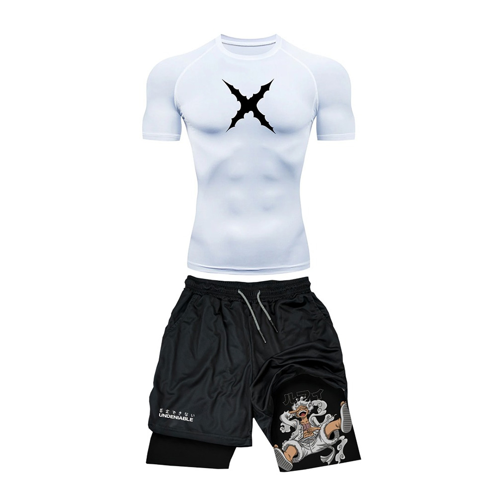 Summer Clothing For Young Men - ชุดเสื้อยืดแขนสั้นและกางเกงขาสั้นลายวันพีซ ลูฟี่ รุ่นใหม่สำหรับฤดูร้อน เหมาะสำหรับออกกำลังกาย ระบายอากาศได้ดี แห้งเร็ว