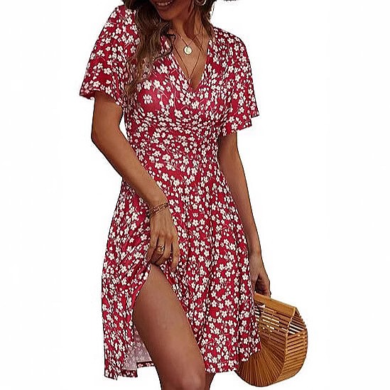 เดรสผู้หญิงแขนกุดลายดอกไม้ คอว - Sundress Midi Floral บทวิจารณ์และราคา