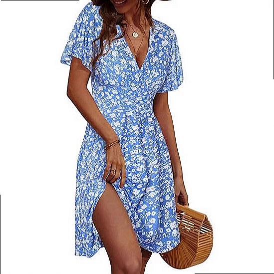 เดรสผู้หญิงแขนกุดลายดอกไม้ คอว - Sundress Midi Floral บทวิจารณ์และราคา