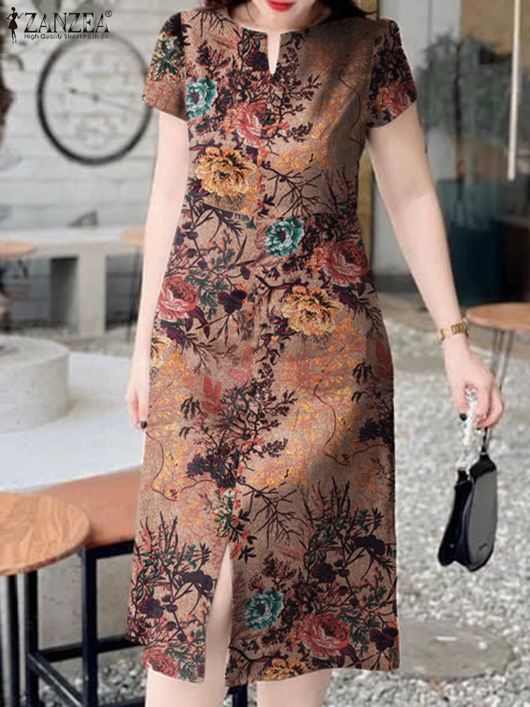 Zanzea ชุดเดรสยาวคลุมเข่าคอวีข - Sundress Midi Floral บทวิจารณ์และราคา