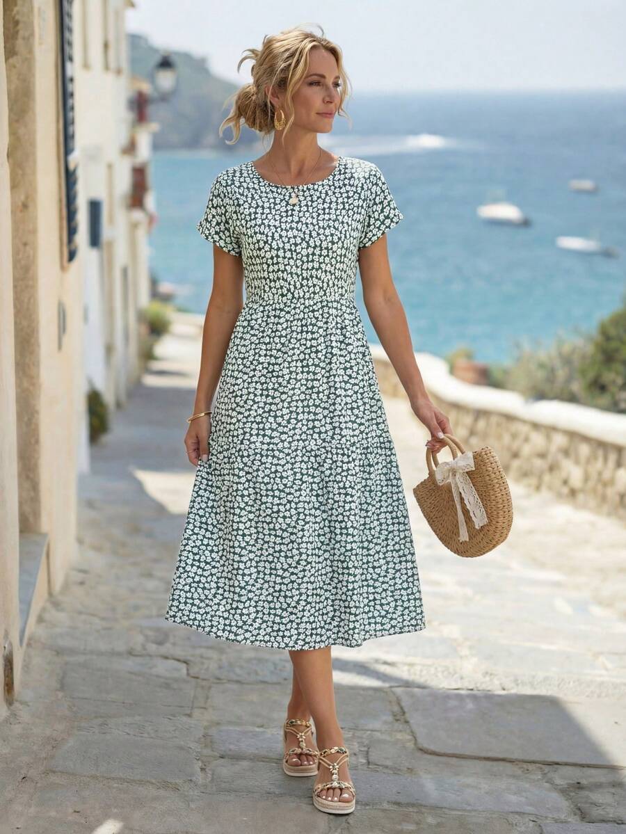 ชุดเดรสลำลองลายดอกไม้แขนสั้นสำ - Sundress Midi Floral บทวิจารณ์และราคา
