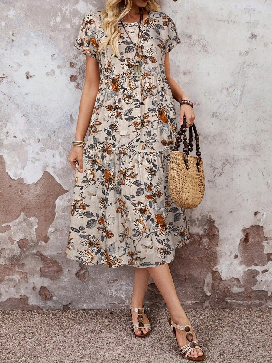 ชุดเดรสลำลองลายดอกไม้แขนสั้นสำ - Sundress Midi Floral บทวิจารณ์และราคา