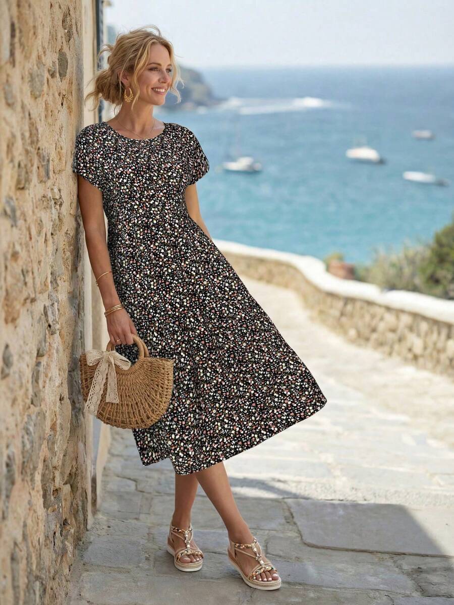 ชุดเดรสลำลองลายดอกไม้แขนสั้นสำ - Sundress Midi Floral บทวิจารณ์และราคา