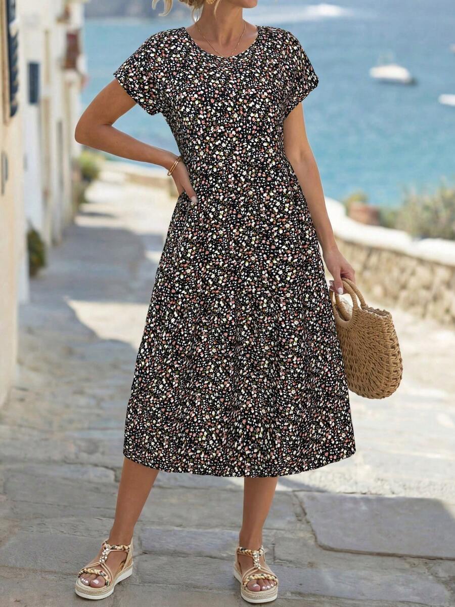 ชุดเดรสลำลองลายดอกไม้แขนสั้นสำ - Sundress Midi Floral บทวิจารณ์และราคา