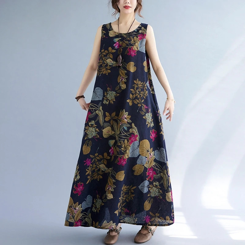 ชุดเดรสผ้าฝ้ายลินินลายดอกไม้ฤด - Sundress Midi Floral บทวิจารณ์และราคา