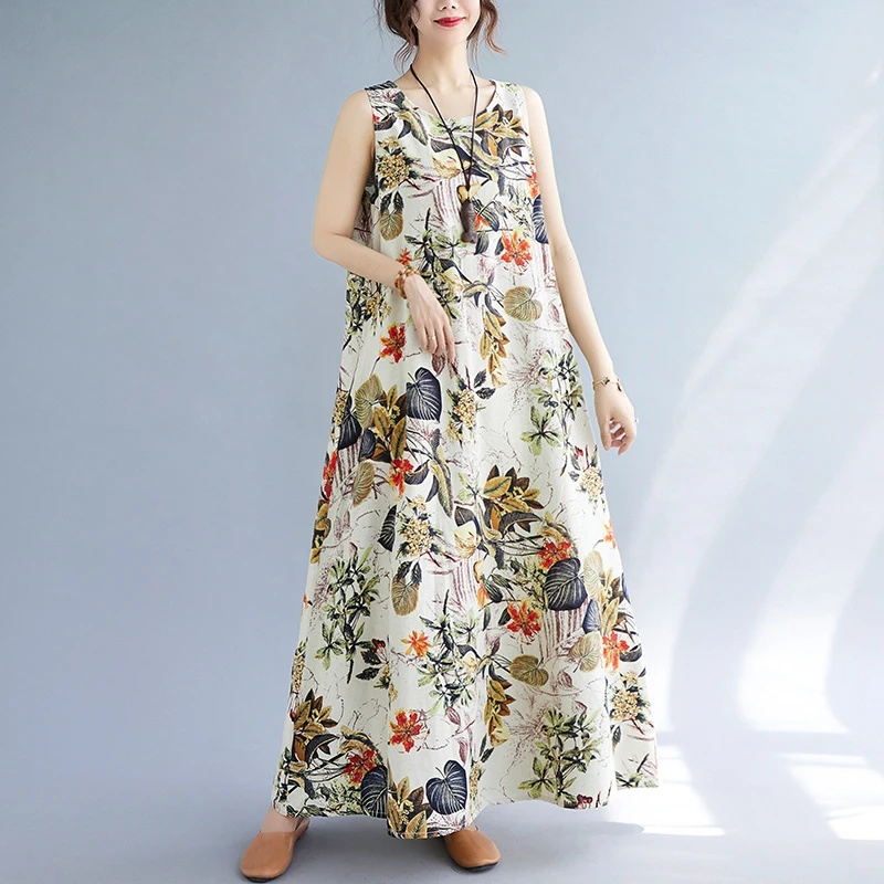 ชุดเดรสผ้าฝ้ายลินินลายดอกไม้ฤด - Sundress Midi Floral บทวิจารณ์และราคา