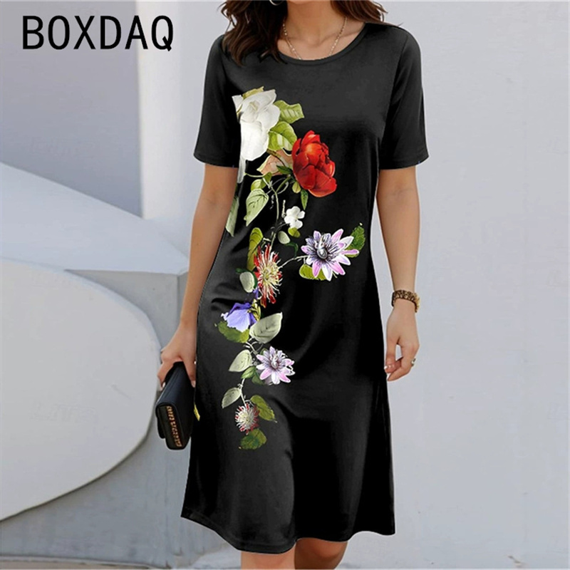 สไตล์โบฮีเมียนแขนสั้นคอกลมลายด - Sundress Midi Floral บทวิจารณ์และราคา