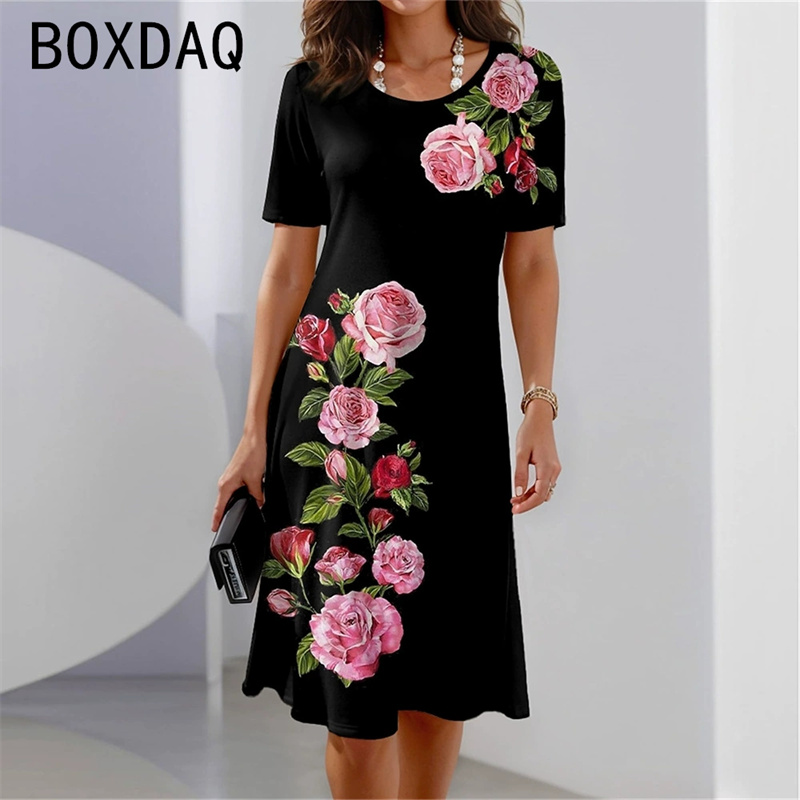 สไตล์โบฮีเมียนแขนสั้นคอกลมลายด - Sundress Midi Floral บทวิจารณ์และราคา