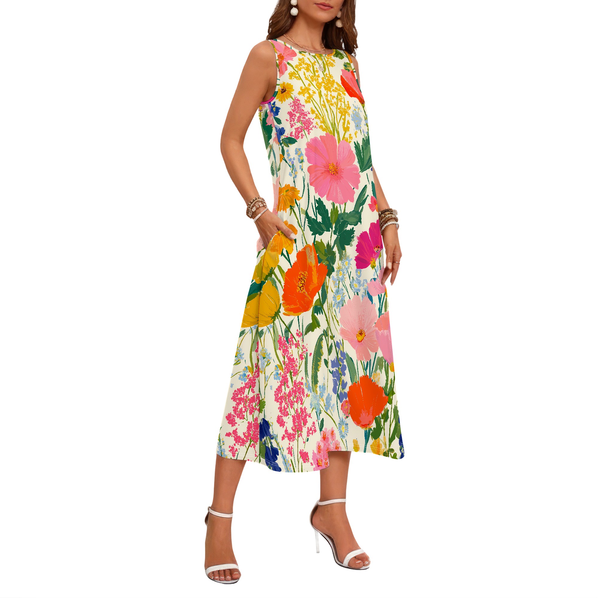 เดรสลายดอกไม้แขนกุด, เดรสลายดอ - Sundress Midi Floral บทวิจารณ์และราคา