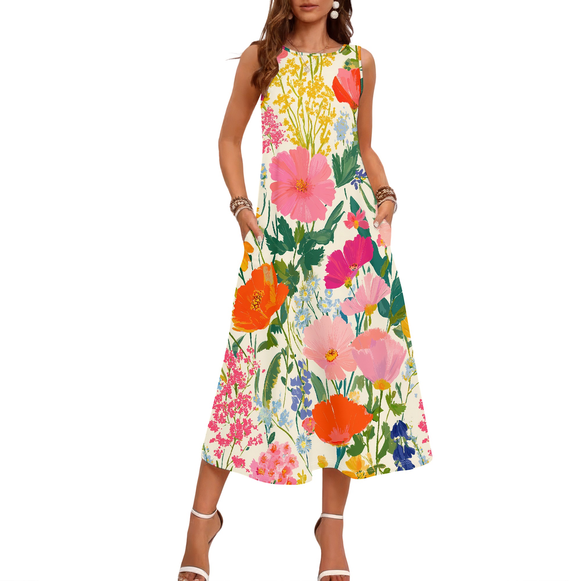 เดรสลายดอกไม้แขนกุด, เดรสลายดอ - Sundress Midi Floral บทวิจารณ์และราคา