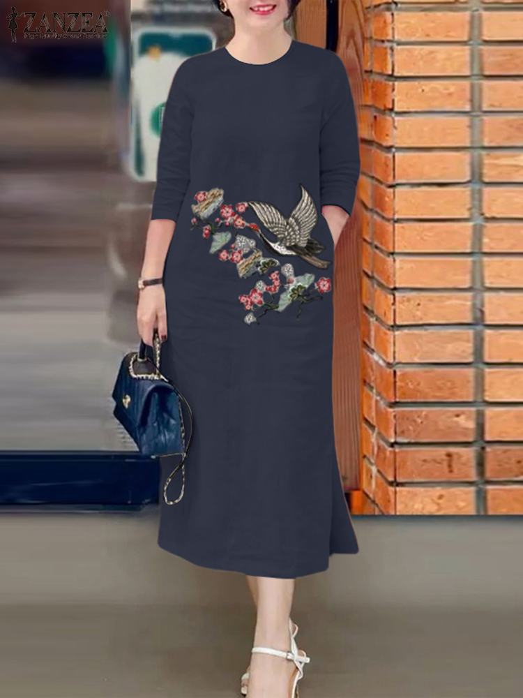 ZANZEA ผู้หญิงเย็บปักถักร้อยวิ - Sundress Midi Floral บทวิจารณ์และราคา