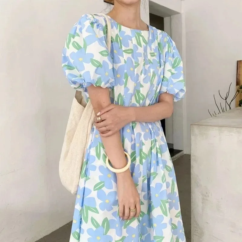 ฤดูร้อนรอบคอสูงเอวพับดอกไม้พิม - Sundress Midi Floral บทวิจารณ์และราคา