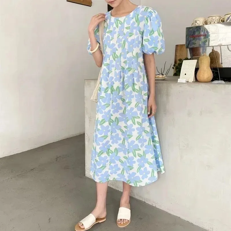 ฤดูร้อนรอบคอสูงเอวพับดอกไม้พิม - Sundress Midi Floral บทวิจารณ์และราคา