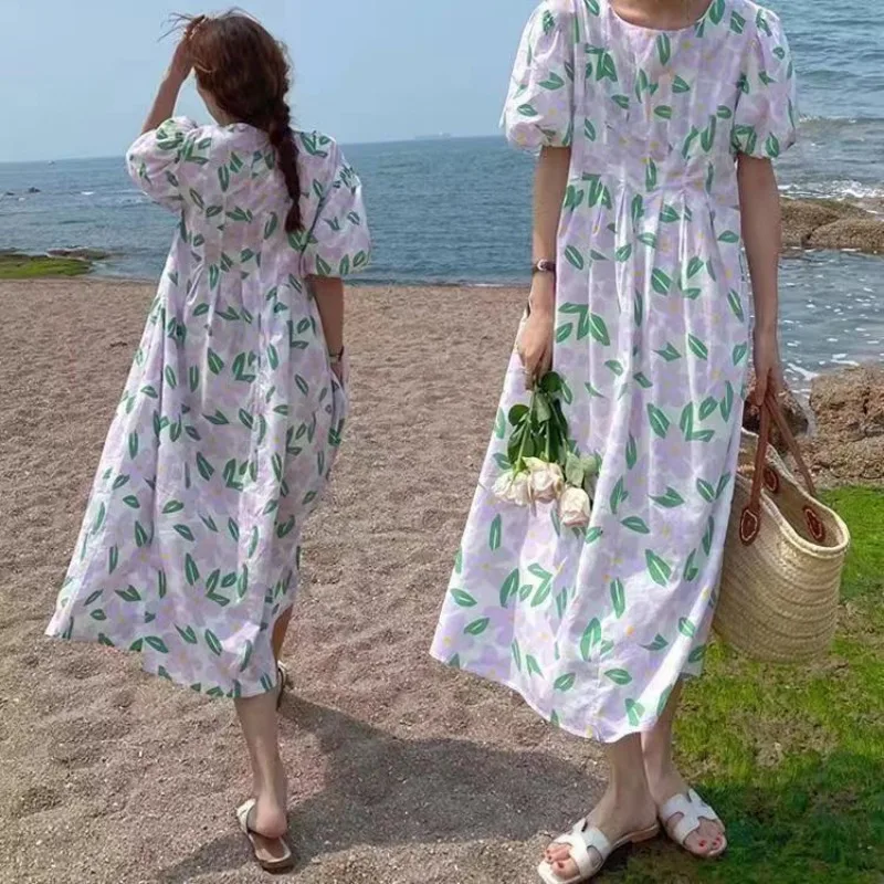 ฤดูร้อนรอบคอสูงเอวพับดอกไม้พิม - Sundress Midi Floral บทวิจารณ์และราคา