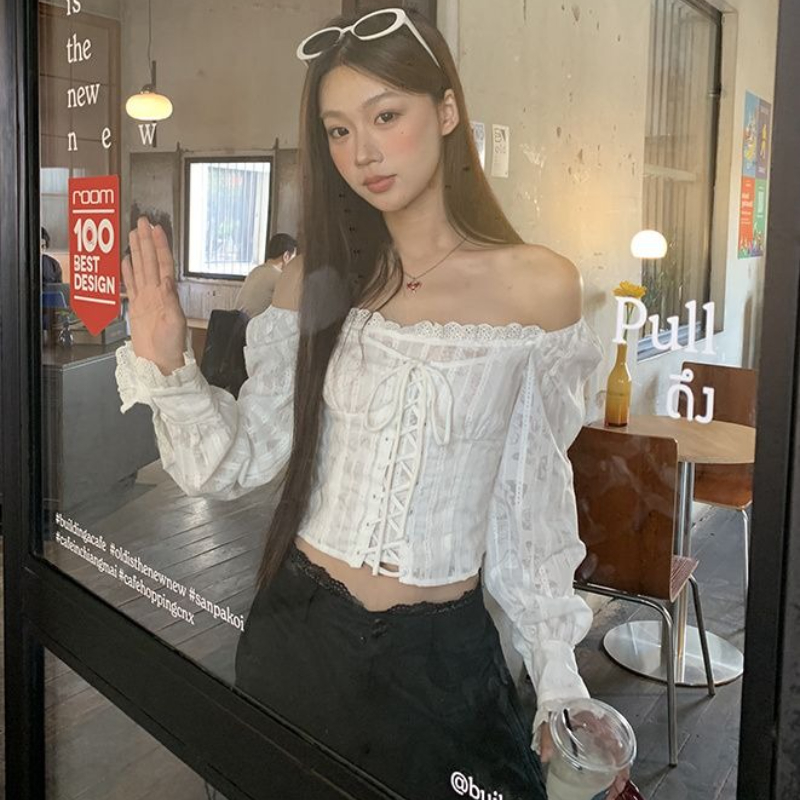 Deeptown สีขาว Lace Up Cropped - Summer Clothing Aesthetic บทวิจารณ์และราคา