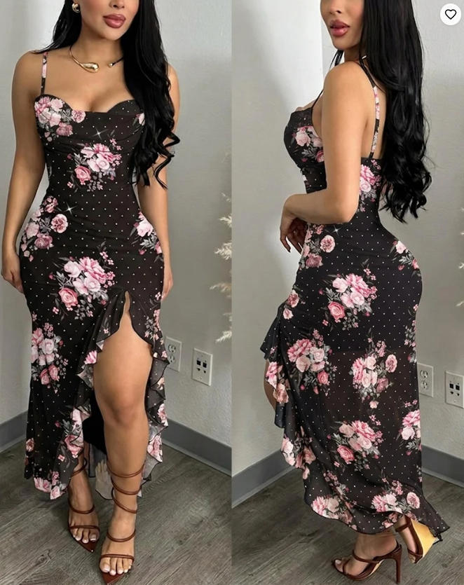 ชุดเดรสแฟชั่นผู้หญิง คอปาดลายด - Sundress Midi Floral บทวิจารณ์และราคา