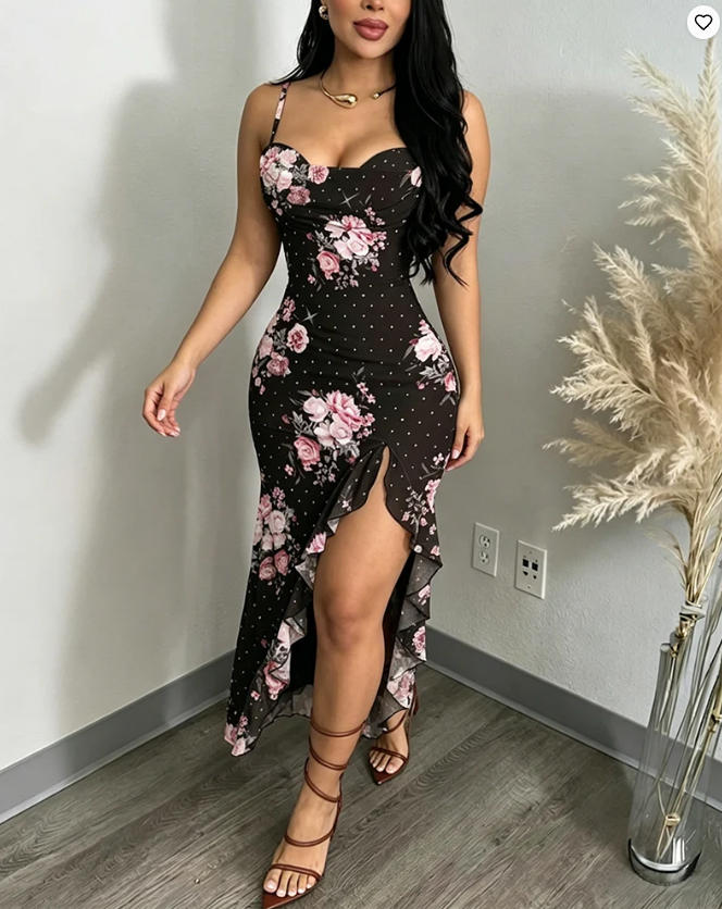 ชุดเดรสแฟชั่นผู้หญิง คอปาดลายด - Sundress Midi Floral บทวิจารณ์และราคา